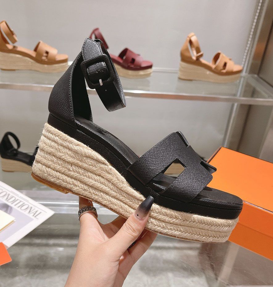 2024 Luxury Designer womens wedge sandal elda espadrilles suede wedges sandals flats ankle strap Grass weaving sole platform black high heels shoe open toe 35-41box