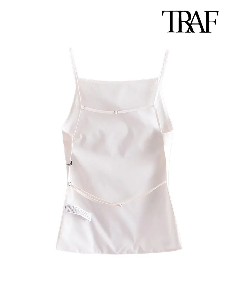 TRAF Women Fashion Backless With Thin Straps Linen Tank Tops Sexy Straight Neck Sleeveless Female Camis Mujer 240514