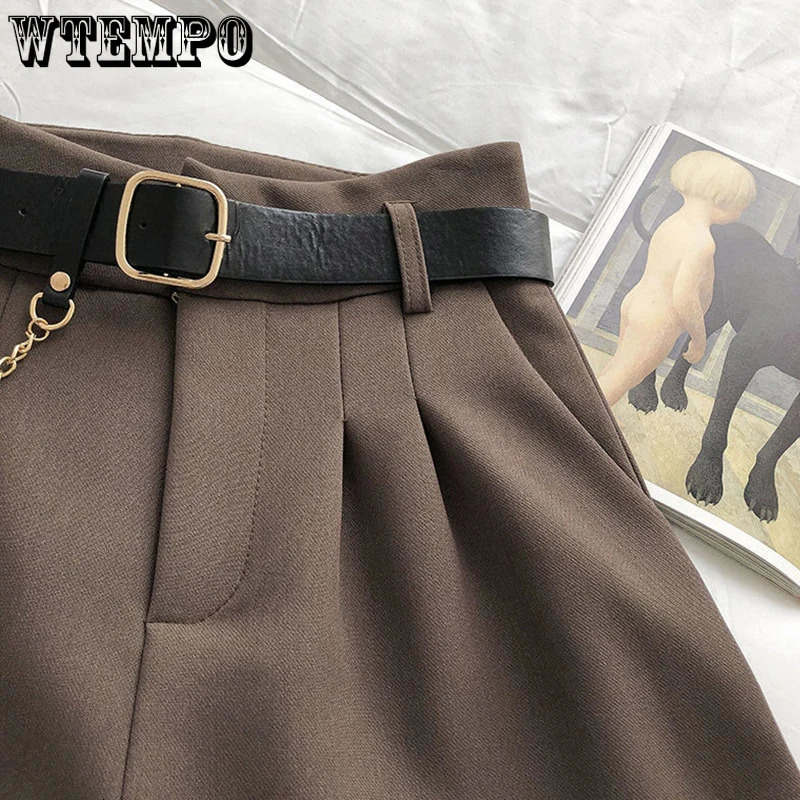 WTEMPO Spring Fall Loose Casual Thin Solid Tailored Short Fashion High Waist Aline Wide Leg Pants with Belt 240523