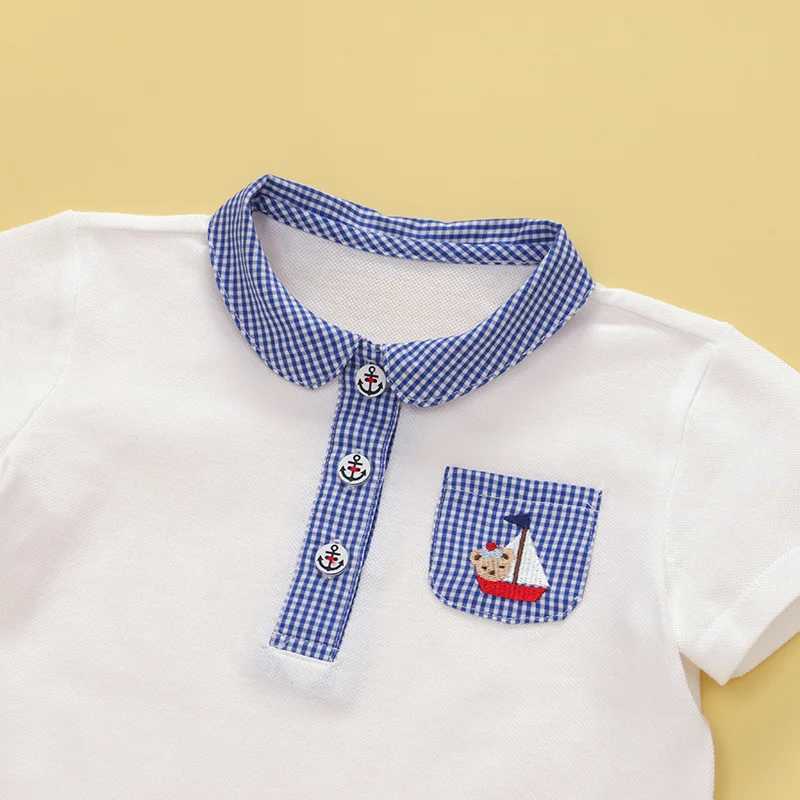 Polos Polos Family children wearing summer new childrens bear sailboat broidery polo shirt short seven piece T-shirt top boys 1-7Y WX5.29