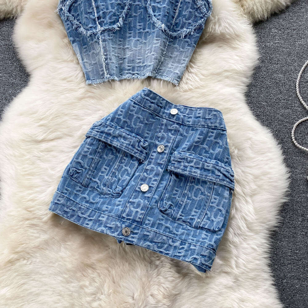 Spicy Girls Short Strap Tank Top Womens Design Sense Umbilical High Waist A-line Denim Short Skirt Two Piece Set