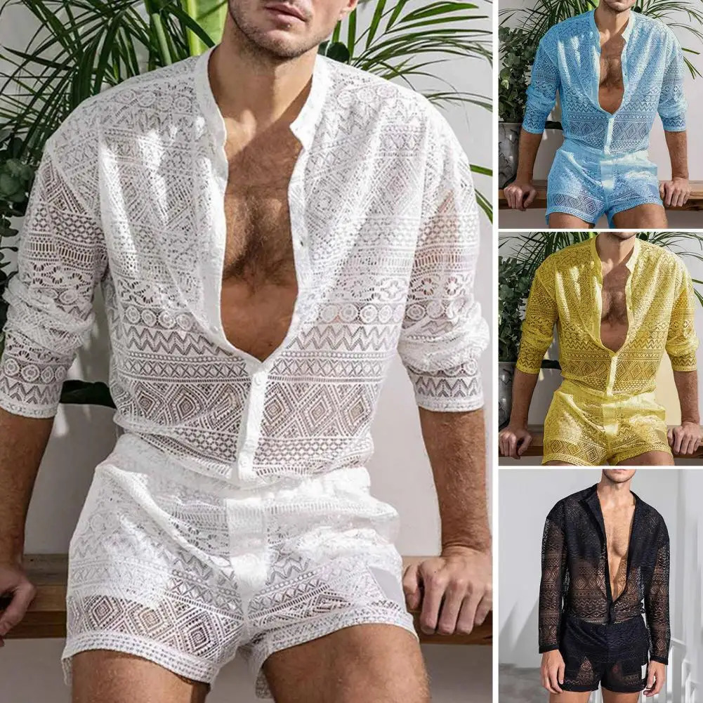 1 Set Men Outfit Sexy Men Top Shorts Hollow Out See Through Crochet Shirt Shorts Single Breasted 240518
