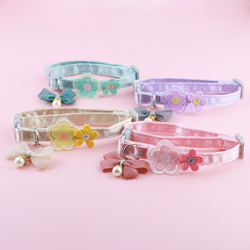 Cute Cat Collar Lace Embroidered Bow Solid Color Flower Decoration Personalized Adjustable Puppy Pearl Necklace Pet Accessories