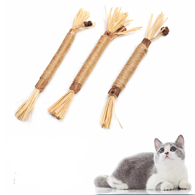 Pet Cat Molar Stick Toy Wooden Polygonum Stick Lafite Grass Hemp Rope Cat Teasing Stick Kitten Clean Teeth Chew Toy Pet Supplies