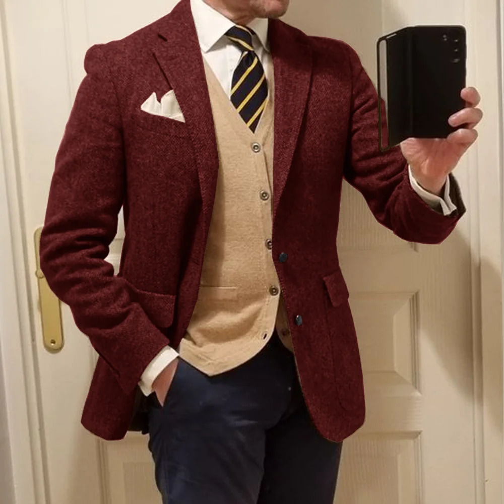 Mens Herringbone Single Breasted Jacket Casual Wedding Groom Suit Tuxedo Coat Elegant Mens Jackets Man Spring Suits Blazer 240518