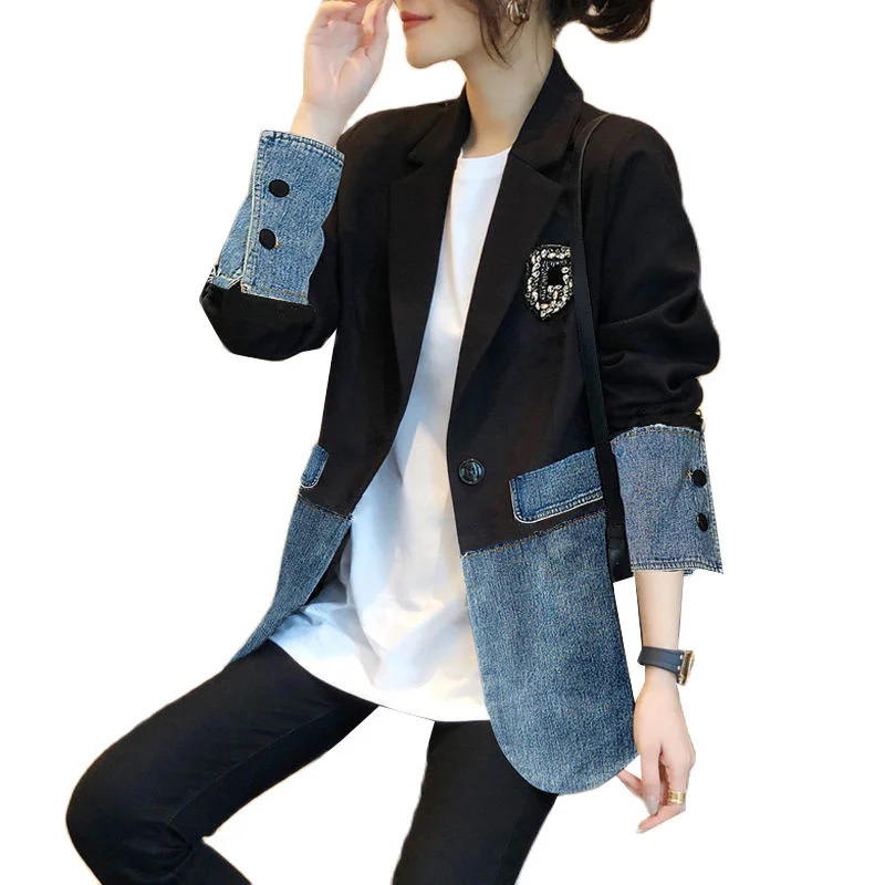 2024 Autumn Denim Jacket Coat Women Fashion Black Suit Stitching Denim Outerwear Female Loose Jeans Jackets Women Coats 240530