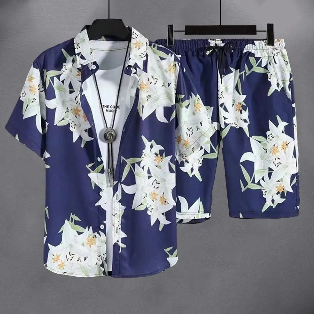2Pcs/Set Men Shirt Shorts Set Hawaiian Style Lapel Short Sleeve Outfit Single Breasted Elastic Drawstring Waist Pockets Clothes 240518