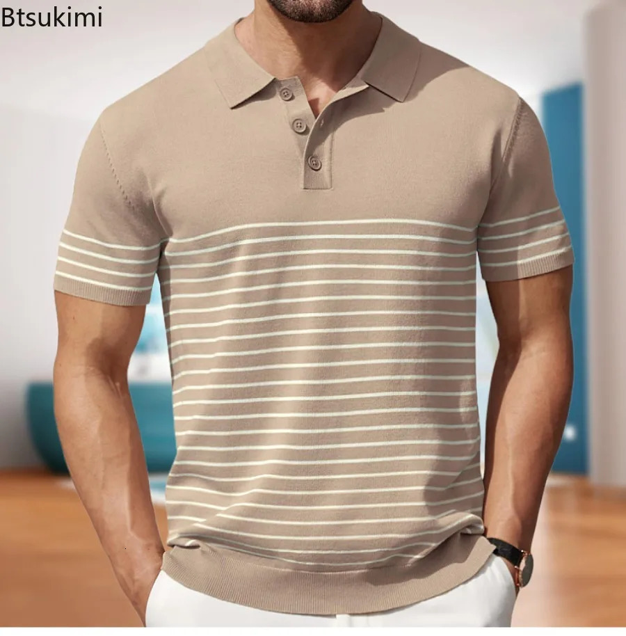Summer Mens Shortsleeved Knitted Polo Shirt Vintage Jacquard Men Business Casual Breathable All Match Tops for 240529