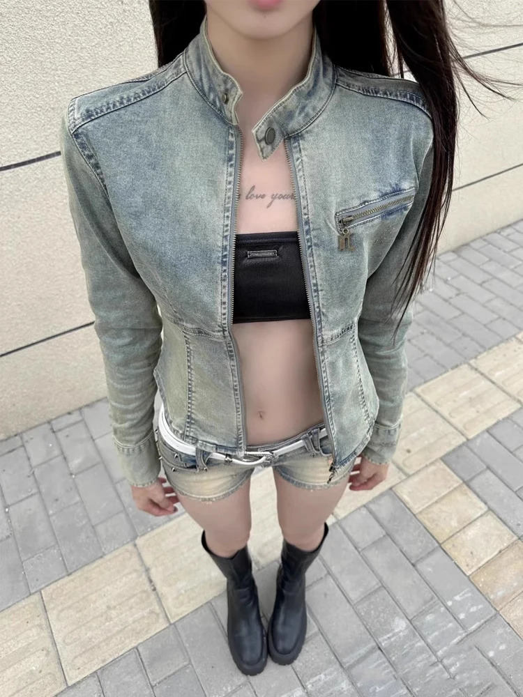 Y2k Fashion Korea Grunge Washed Denim Woman Long Sleeve Short Jacket Slimming Zipper Streetwear 90s Autumn Winter Top Outerwears 240530