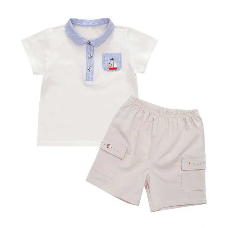 Polos Polos Family children wearing summer new childrens bear sailboat broidery polo shirt short seven piece T-shirt top boys 1-7Y WX5.29