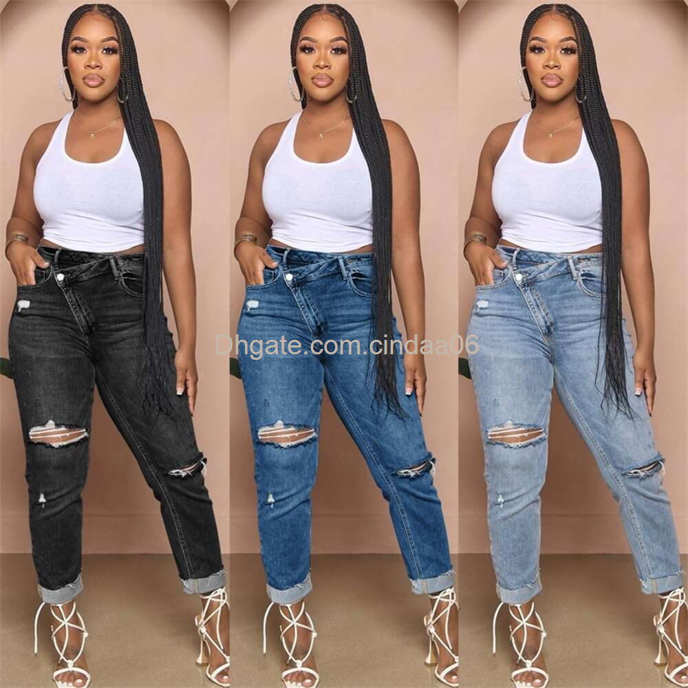 Casual Designer Womens Jeans Personalized Denim Pants Torn Hole Diagonal Buckle Elastic Trousers