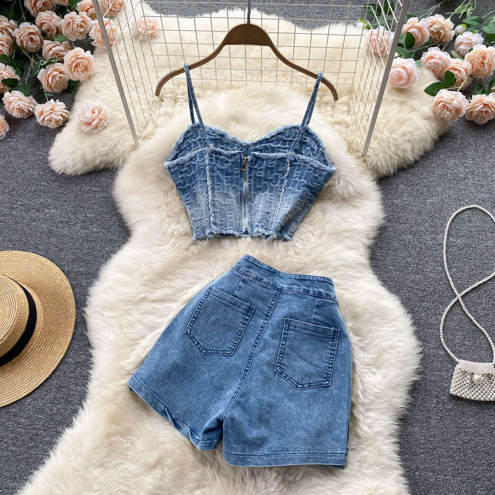 Spicy Girls Short Strap Tank Top Womens Design Sense Umbilical High Waist A-line Denim Short Skirt Two Piece Set