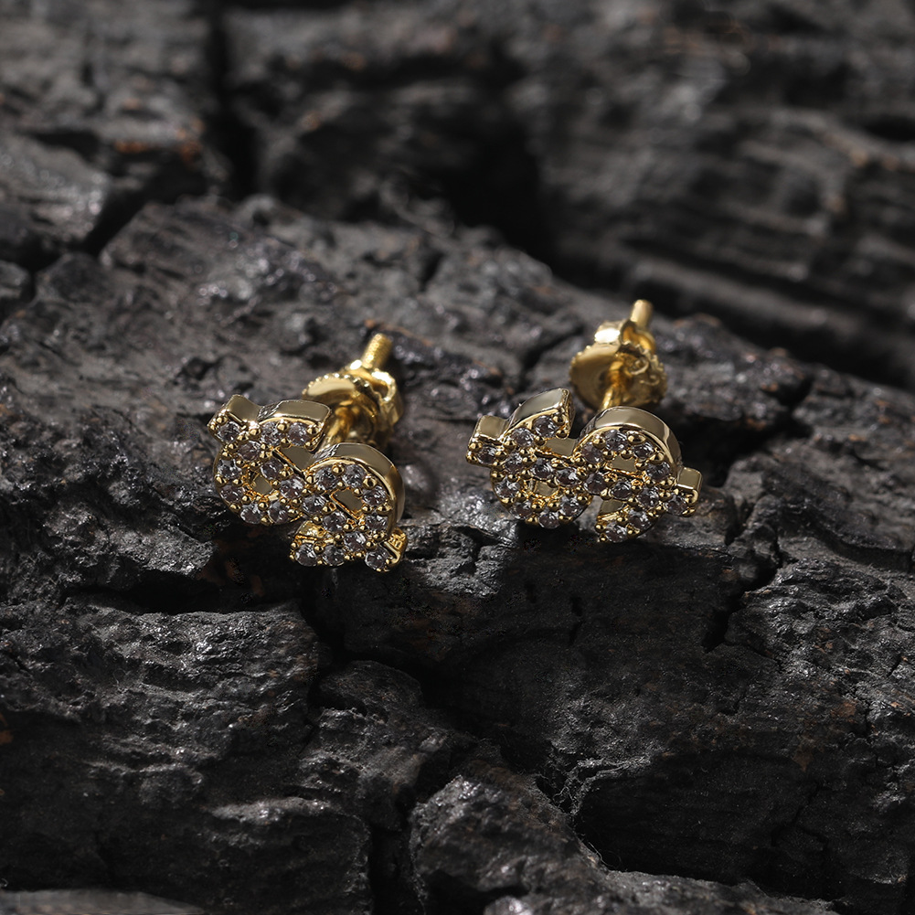 Hip Hop Dollar Symbol Screwback Stud Earring 5A Zircon 18K Gold Plated Jewelry