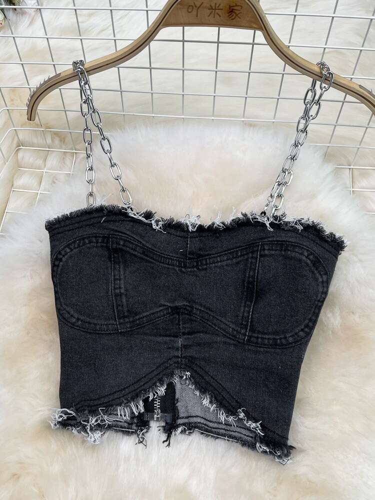 Fashionable set for womens spicy girls denim chain suspender strapless vest two-piece set high waisted tassel split skirt summer