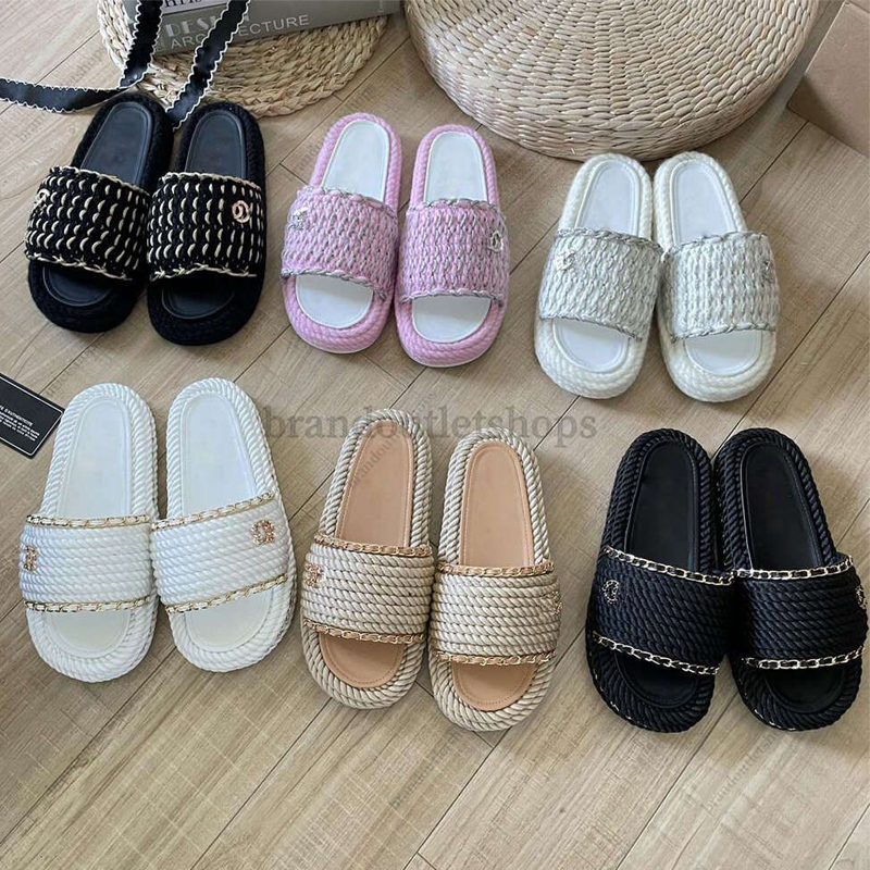Embroidered Slippers Mule Tweed Leather Slippers weave braided interlocking Sandals Women Knit Platform Slippers pool Slides Beach Flip Flops