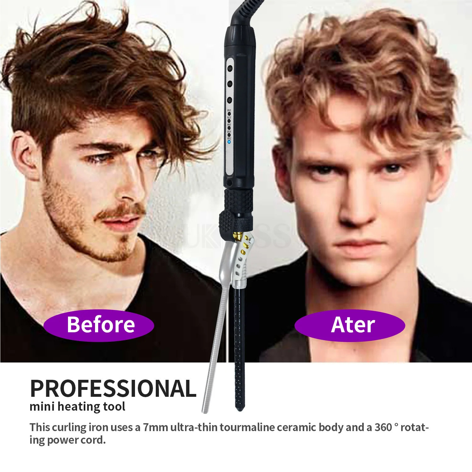 Mens Hair Curler Ceramic 7mm Hair Curling Wand Small Hair Deep Curly Hair Curlers Rollers Curling Iron Rotating 360 Degree 240530