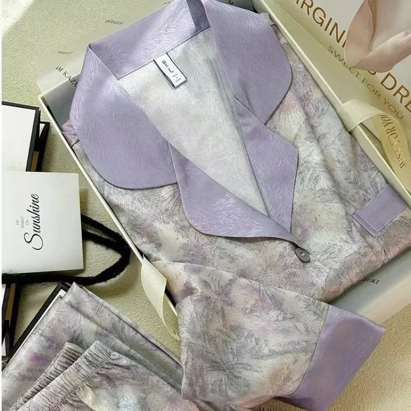 Flowers Twill Print Classy Womens Pajamas Spring Autumn Two-piece Sets Long Female Lounges Simulated Silk 2024 Y2k Homewear 240530
