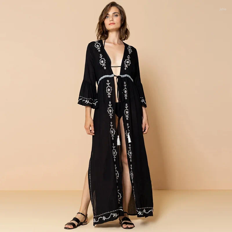 Summer Artificial Cotton Solid Color Embroidered Cardigan Drawstring Robe Vacation Sunscreen Coats Bikini Cover Up Outwear Women