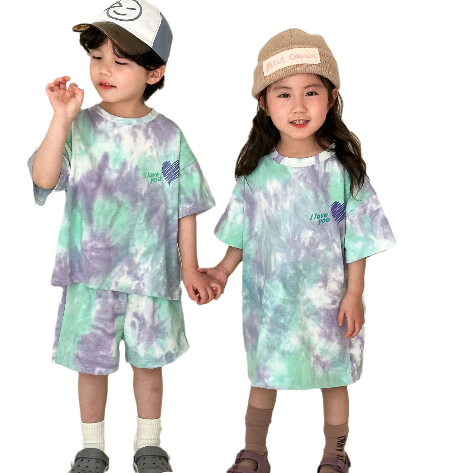 Children Summer Short Sleeve Set Kids Boys Shirts Shorts Sports Suit Tie Dye Girls Casual Dress Brother Sisters Outfits 240530