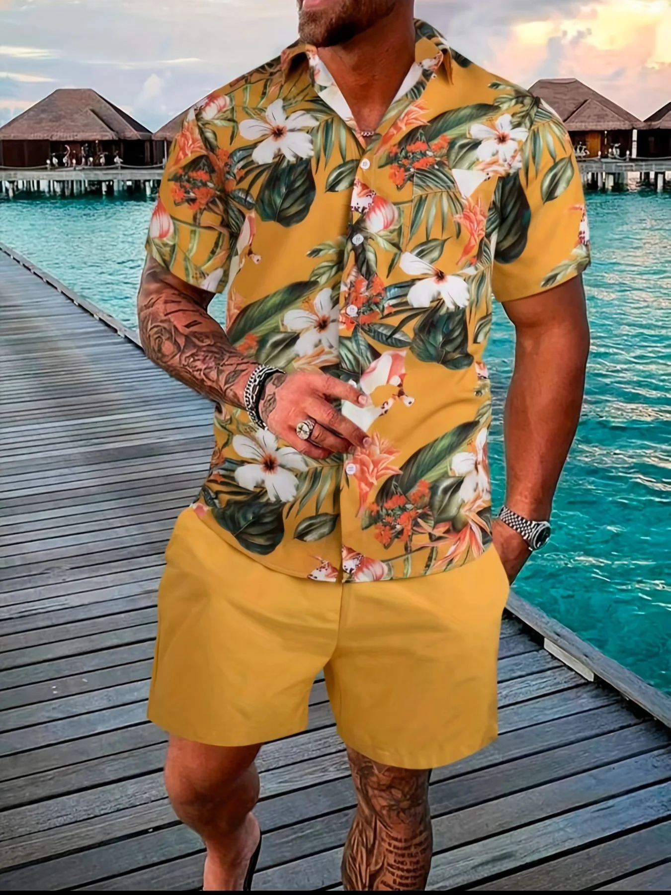 MenA Spring And Fall 2Piece BeachStyle ShortSleeved ButtonDown Lapel TShirt Shorts drawstring Casual Business Sports suit 240531