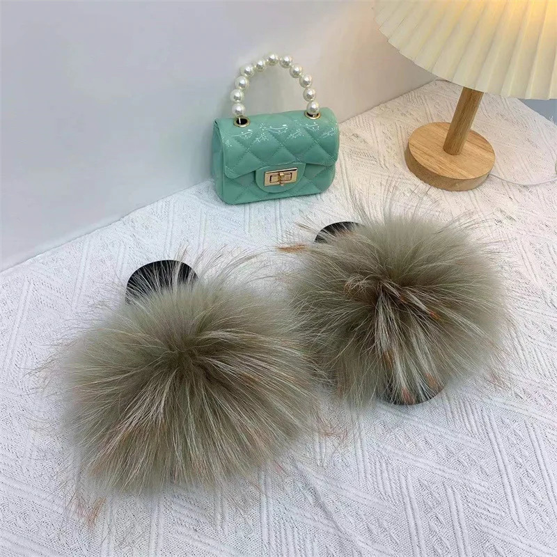 Kids Fox Fur Slippers and Purse Set Wholesale Furry Fluffy Fur Slideshow Toddler Girl Shoes Child Rainbow Sandals Jelly Bag Sets 240529