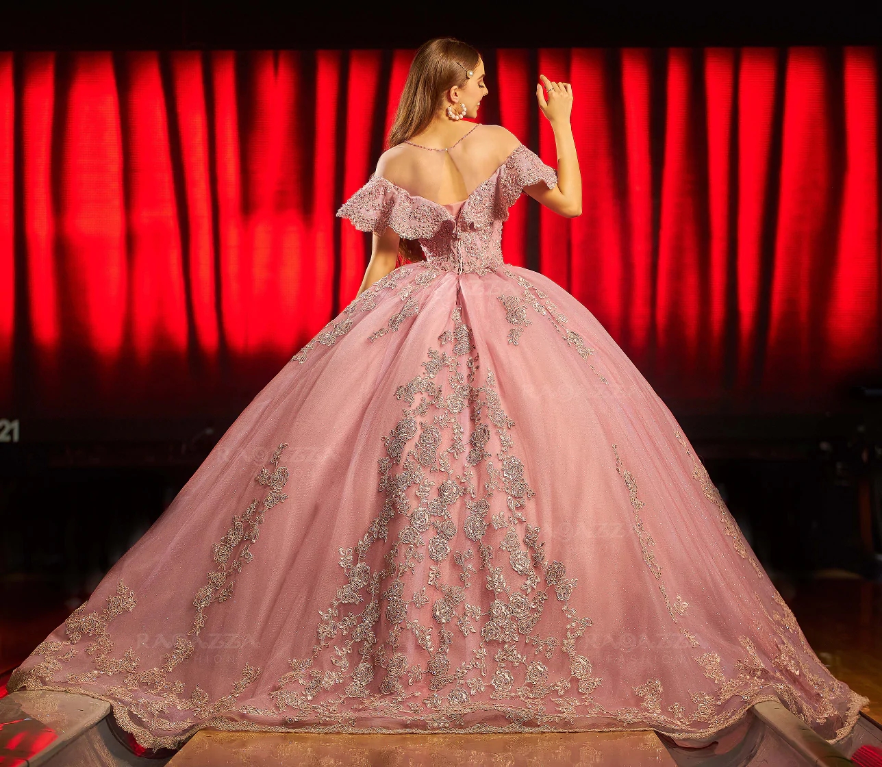 Pink Puffy Mexican Quinceanera Dresses Ball Gown Sheer Tulle Appliques Beaded Charro Sweet 16 Dresses 15 Anos