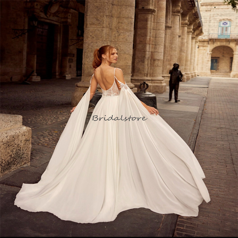 Gatsby Boho Wedding Dresses With Angle Wing Cape Sleeves Sexy Spaghetti Straps High Slit Beach Bridal Dress Appliques Beaded Bohemian Country Bride Ve