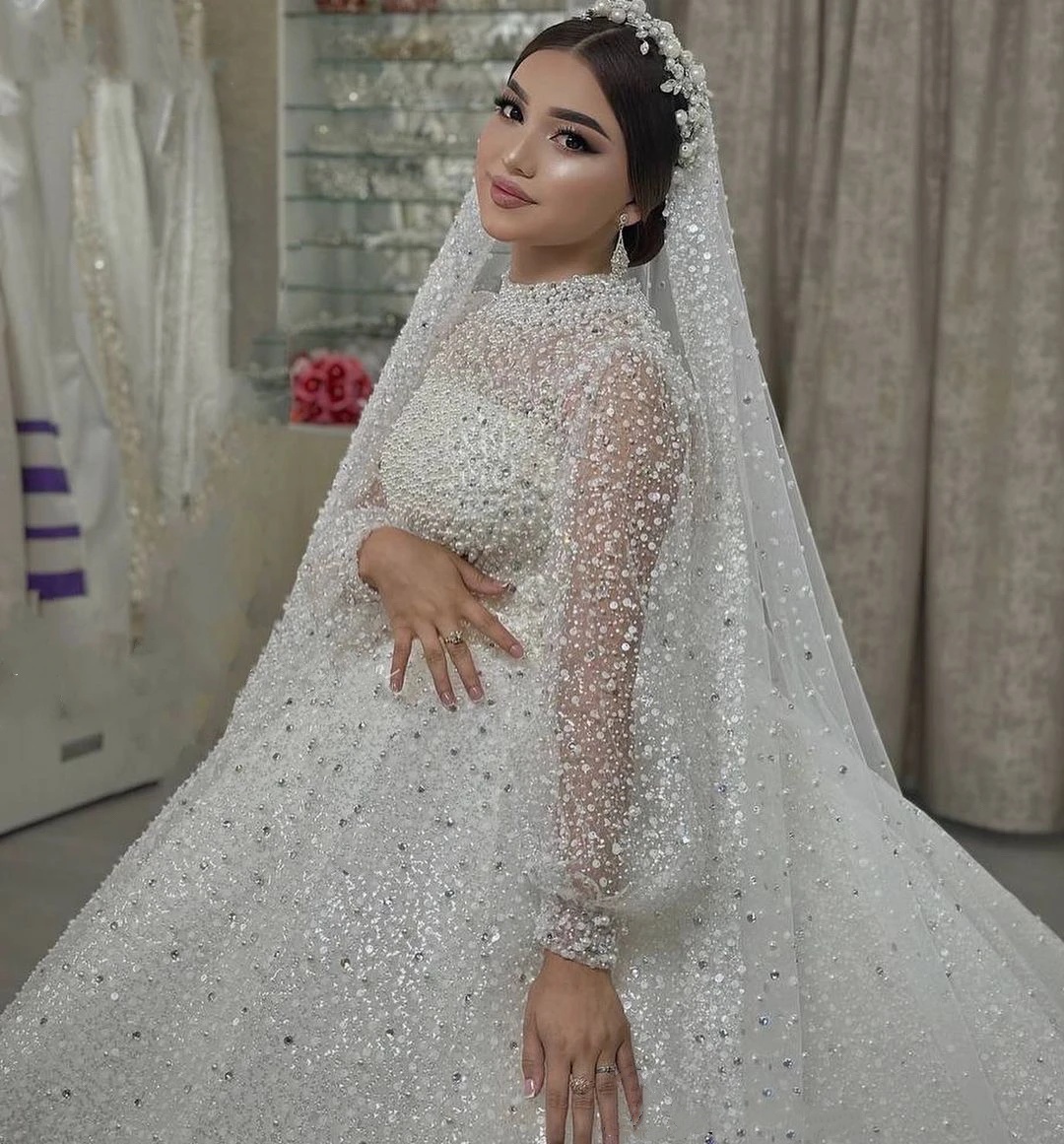 Gorgeous Crystal Wedding Dresses Pearls Bridal Ball Gowns High Neck Sequins Rhie Long Sleeve Custom Made Bride Vestido De Novia 0218