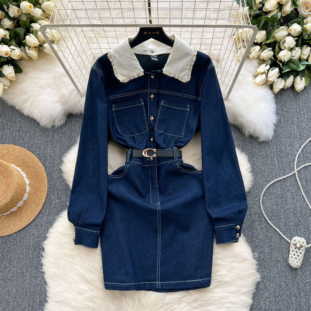 Korean version of womens dark blue denim dress with contrasting color collar slim fit short buttocks wrapped skirt