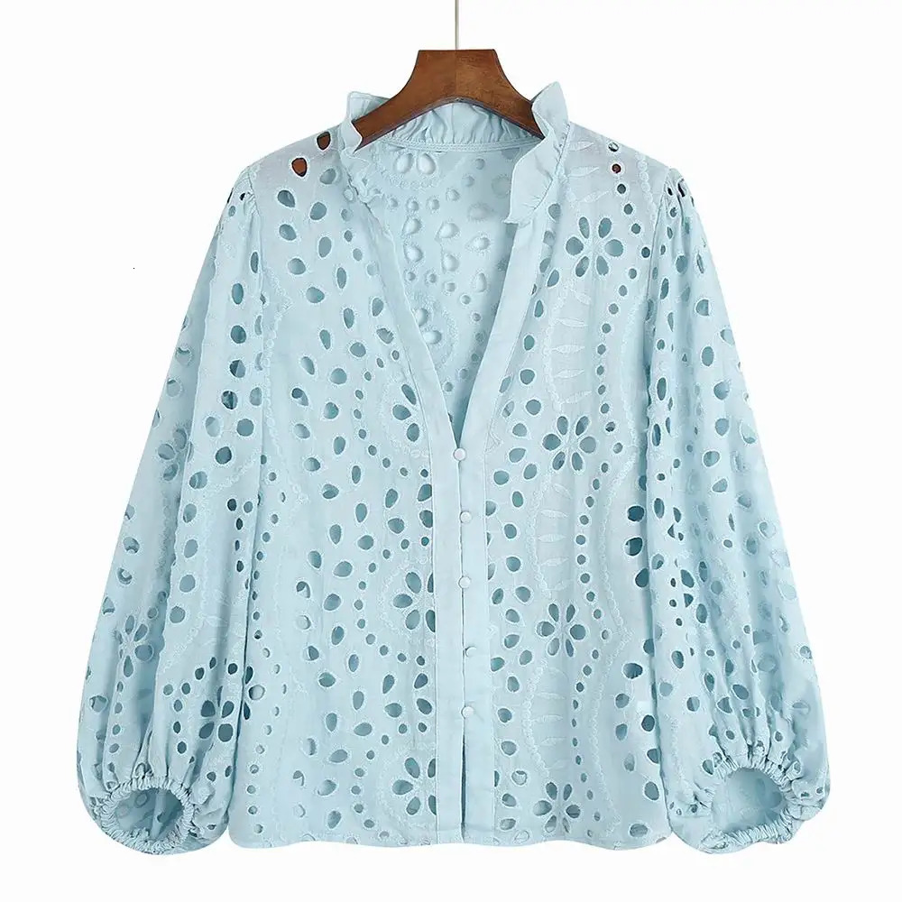 Women Lace Shirt Hollow Out Embroidery Blouse White Blue Green Rose Pink Summer Clothing Modern Girl Blusa Tops 240531