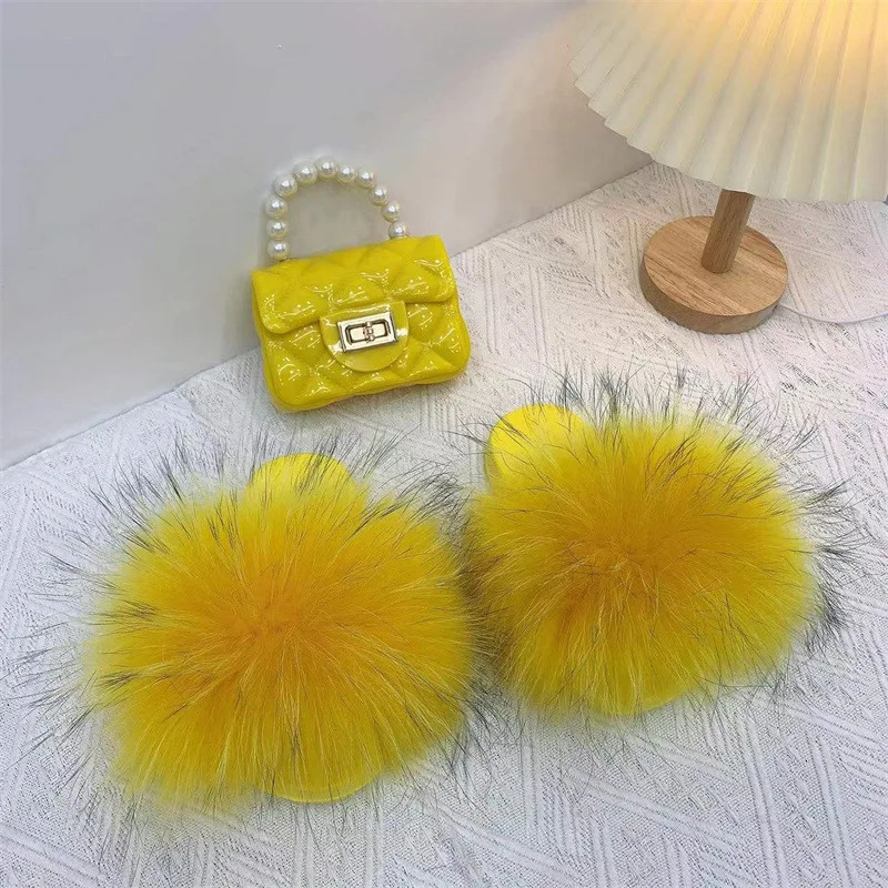 Kids Fox Fur Slippers and Purse Set Wholesale Furry Fluffy Fur Slideshow Toddler Girl Shoes Child Rainbow Sandals Jelly Bag Sets 240529