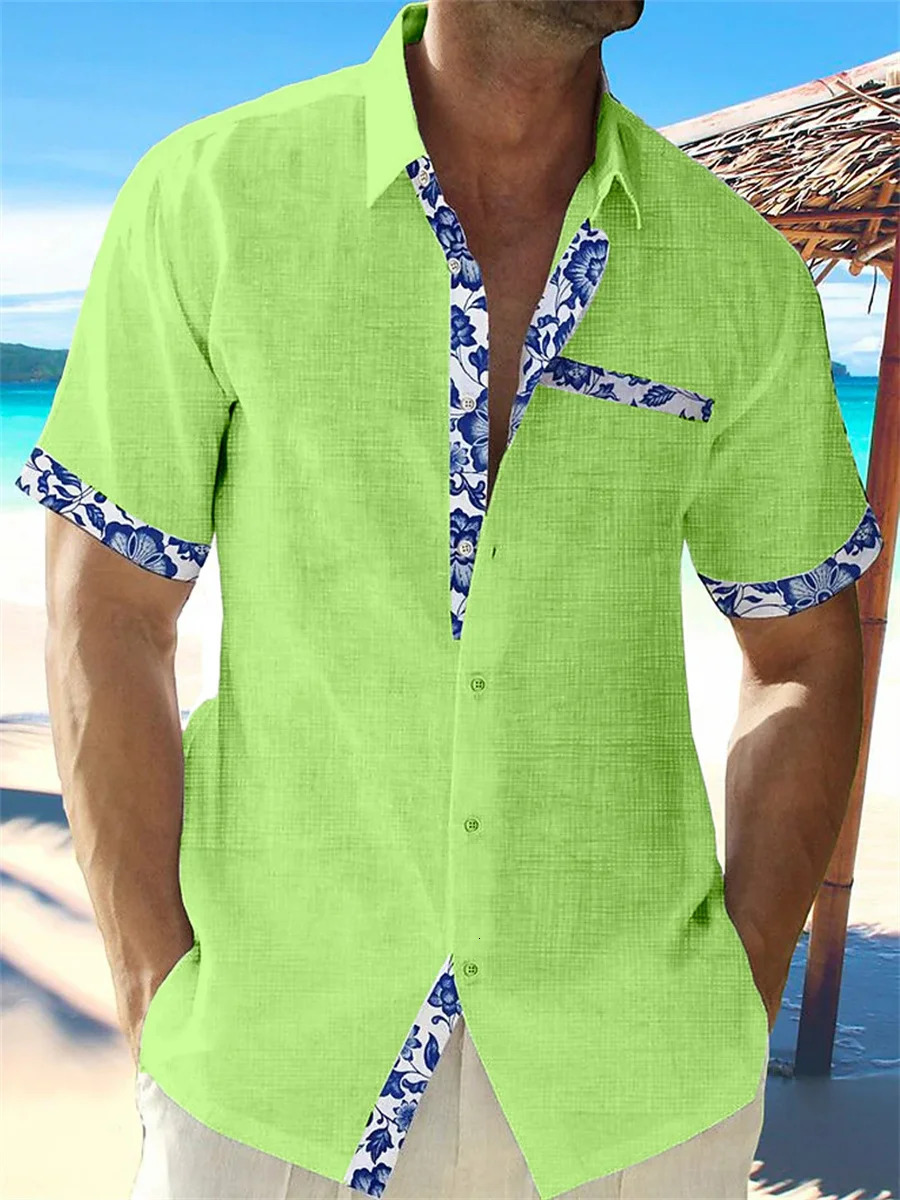 summer fashion mens Hawaiian linen shirt mens casual lace printed beach pocket short sleeve plus size jacket 5 colors. 240529