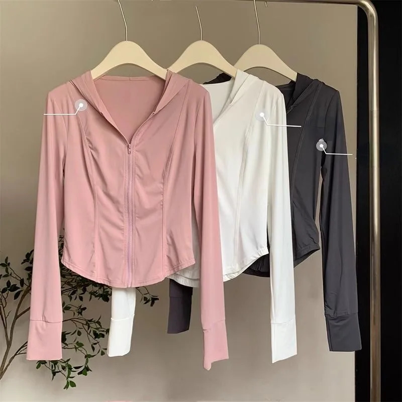 Pink Ice Silk Sunscreen Clothes for Womens Sports Summer Thin Breathable UV Protection Sweatshirts Slimming Short Hooded Top 240531