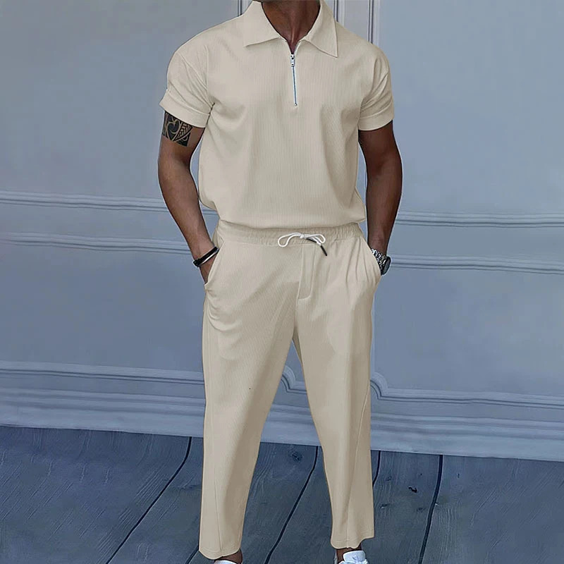 Casual Solid Two piece Set Men Spring Summer Fashion Short Sleeve Zipper Polo Shirt And Pants Suit Corduroy Slim Tracksuit 240531