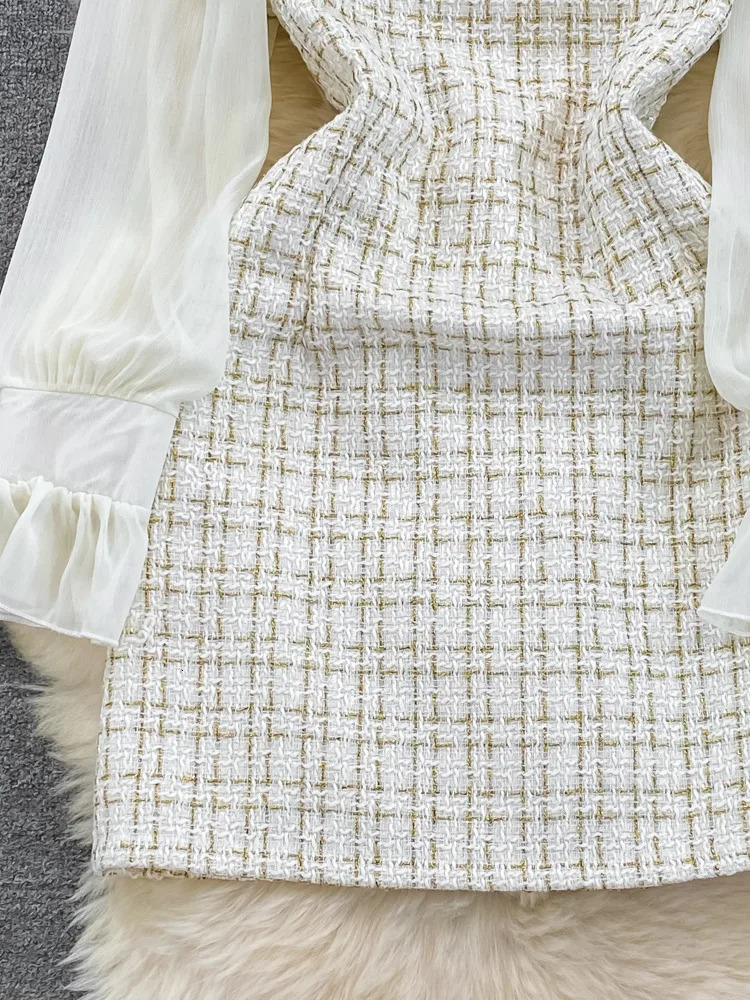 Korean Fashion Women Woolen Tweed Dress Autumn Winter Plaid Tweed Patchwork Chiffon Long Sleeve A Line Elegant Short Dress 240529