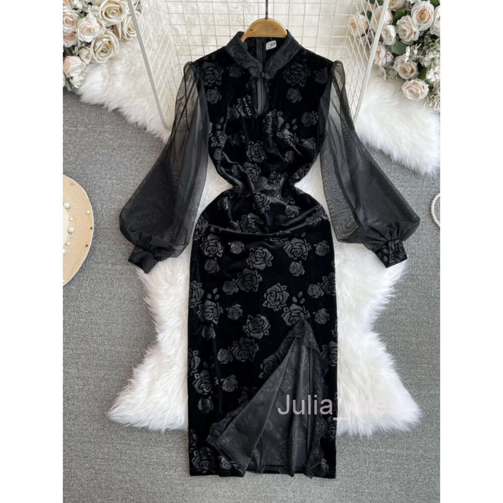 Improved cheongsam socialite mesh lantern long sleeved splicing stand up collar waistband slit buttocks wrapped velvet dress for women