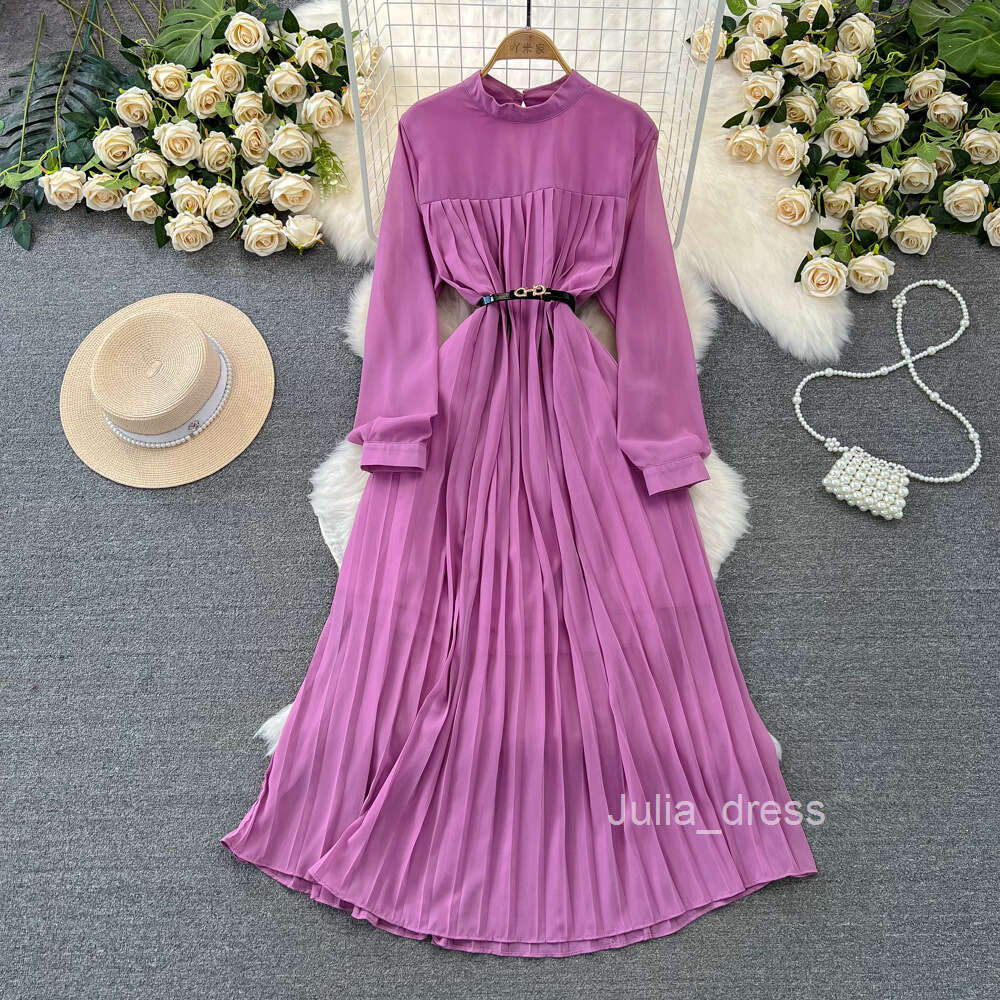 Spring and Autumn Seasons Light Mature Style Celebrity Elegant Long sleeved Standing Neck Waist Wrapped Slim A-line Hundred Pleated Dress Elegant Long