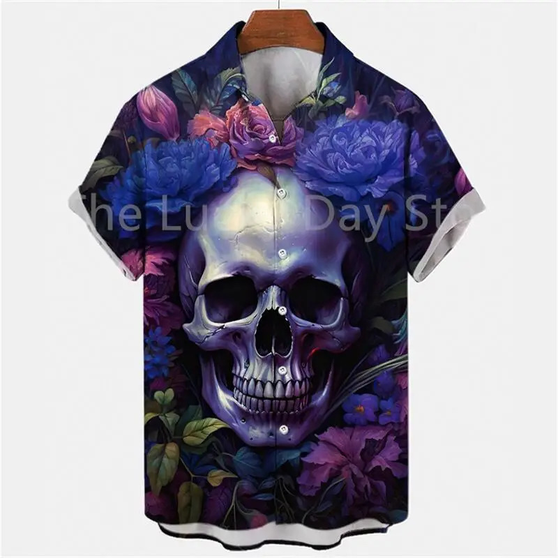 Mens Summer Skull Fashion Y2k Hawaiian Oversized Short Sleeve Shirt Casual Clothing Harajuku Pattern Social Vintage Camisa 240529