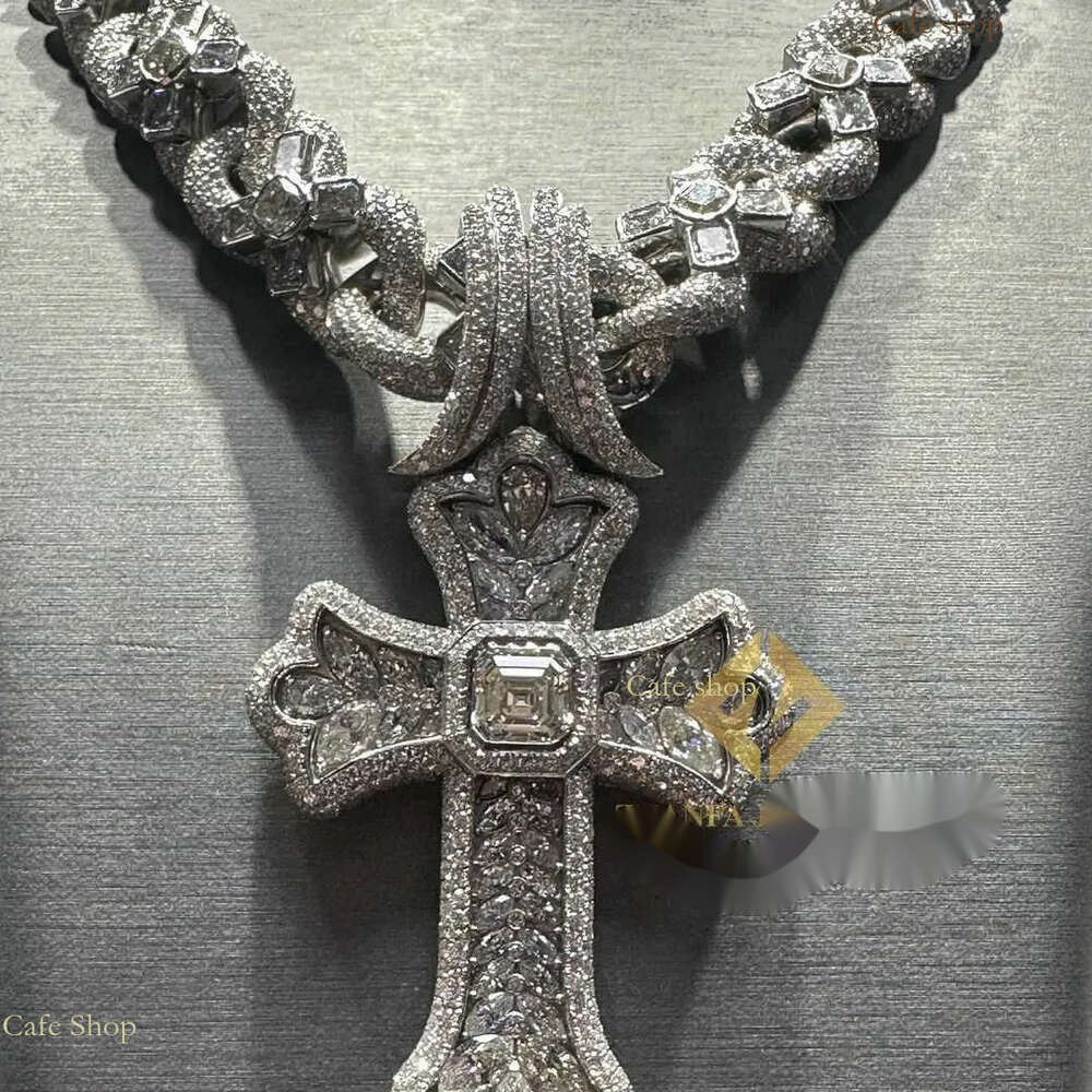 Designer Jewelry S Sier Mosonite Necklace Cross Pendant Cuban Link Chain with Seconds Over Tester Iced Out Vvs Moissanite Dia