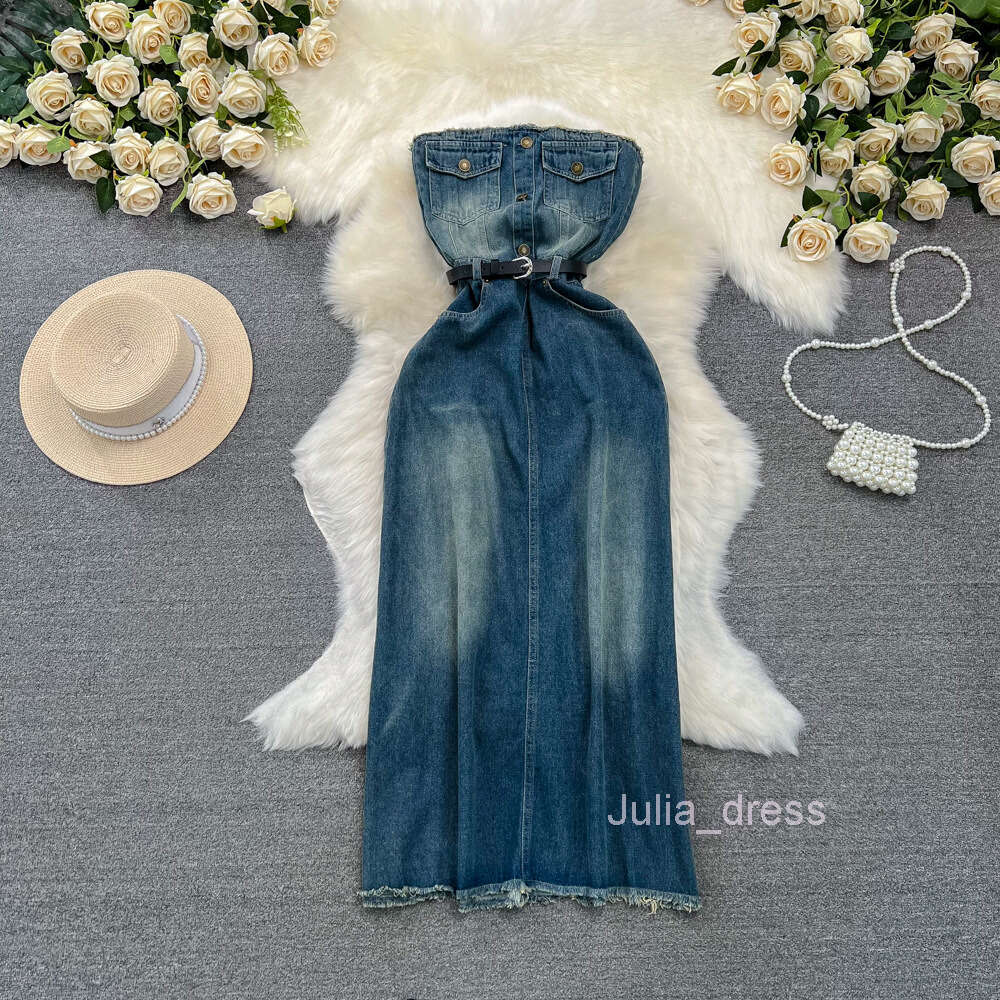 Summer American design feeling strapless waist slimming effect medium length version A-line tassel with raw edges denim dress for women