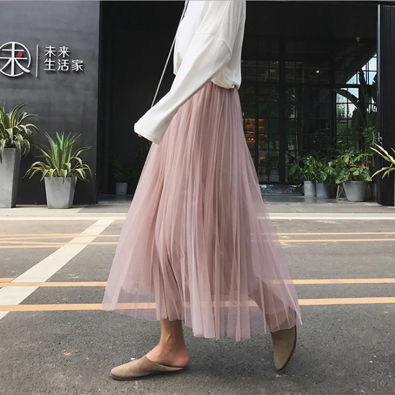 Mesh Pleated Skirts for Women Long Maxi Tulle Skirt 3 Layers High Elastic Waist ALine Ball Gown Dancing Faldas Largas Muje 240529