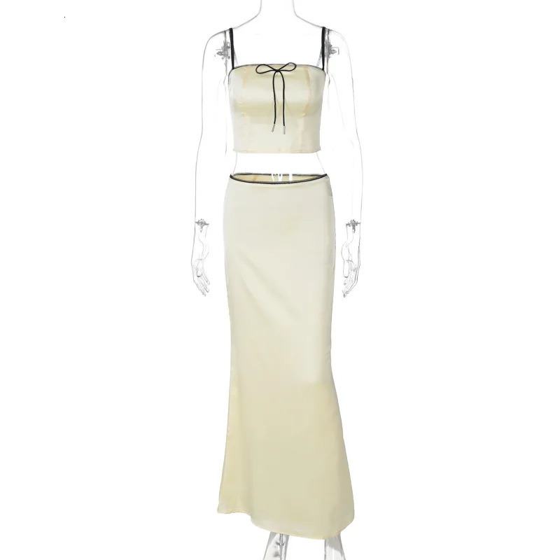 Lygens Satin Sleeveless Bow Short Camis Crop Top Long Skirt WomenS Sets Summer Y2K Streetwear Elegant Evening Casual Clothes 240524