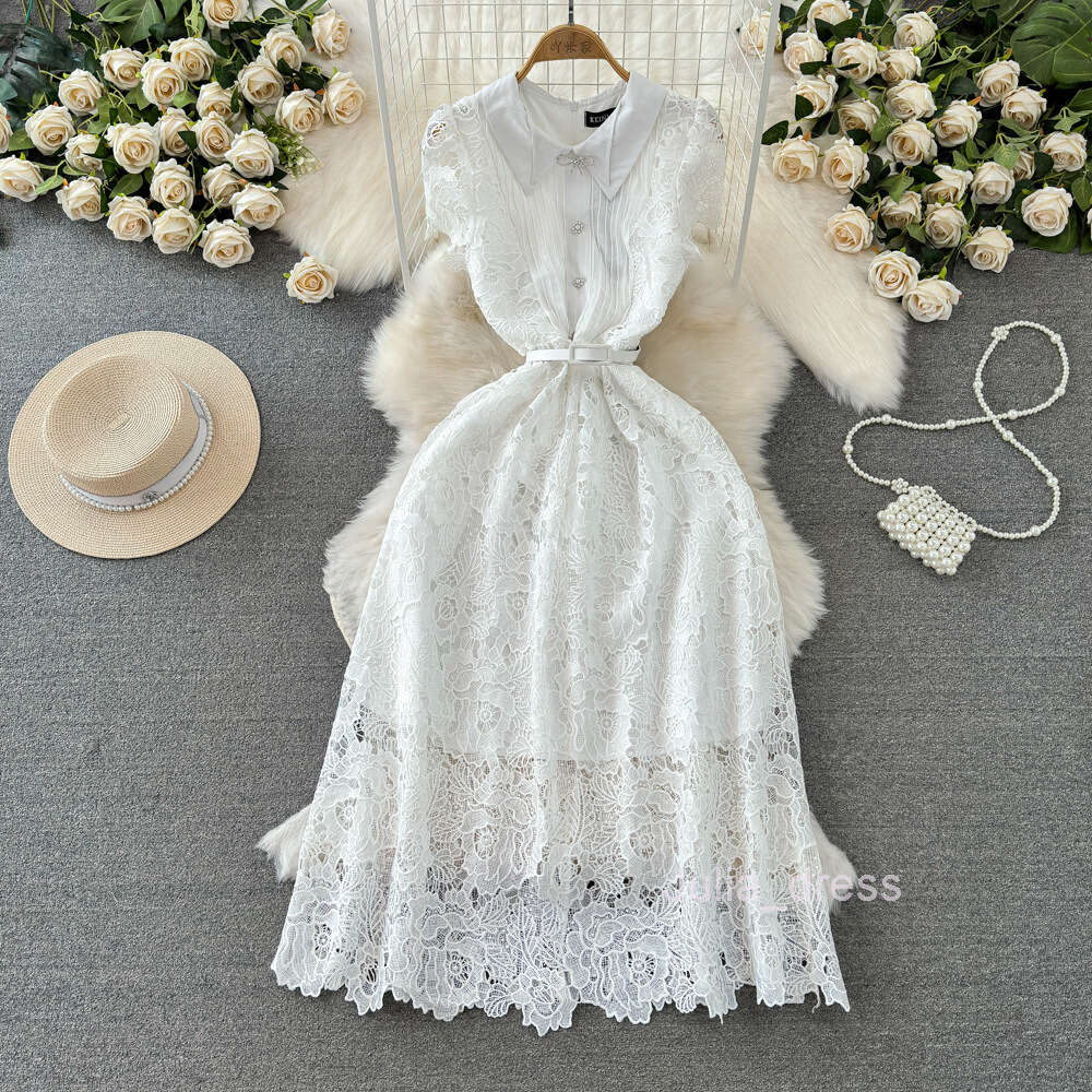 Summer fashion socialite temperament short sleeved lapel pleated waist slimming mid length A-line water-soluble lace dress
