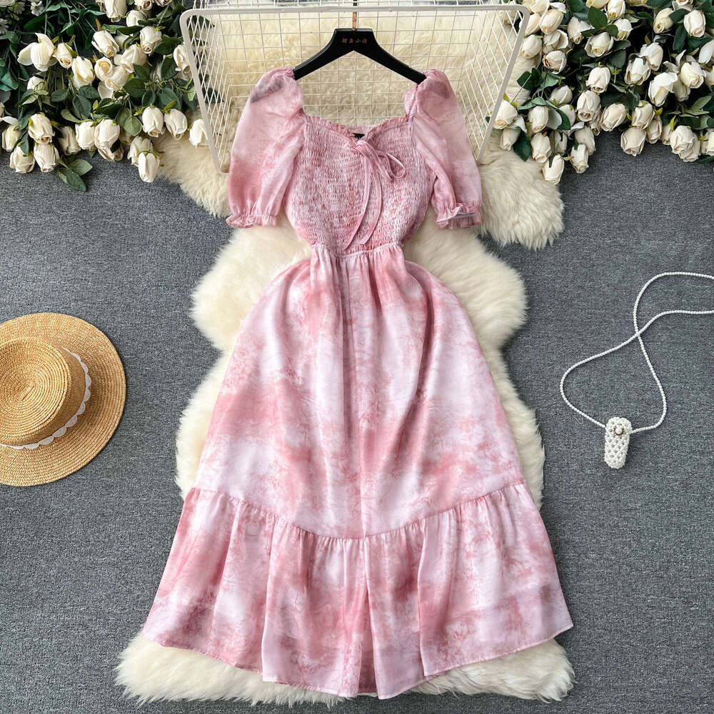 French Bubble Sleeves Dress Womens Design Feel Irregular Halo Dye Elastic Slim Fit Mid length Ruffle Edge Fake Skirt
