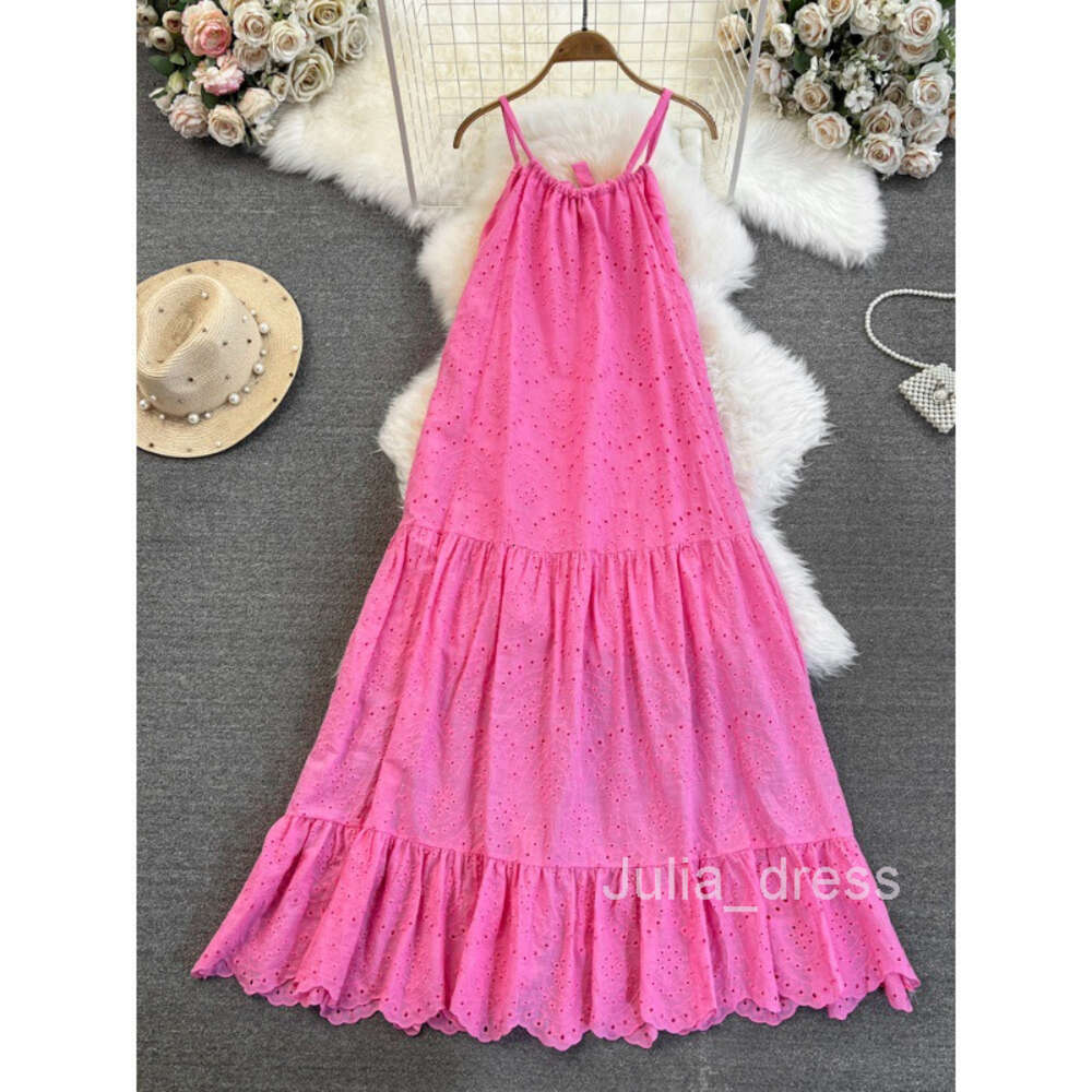 Summer Fashion Celebrity Style Hanging Neck Open Back Loose A-line Hollow Dress Beach Vacation Big Swing Long Skirt