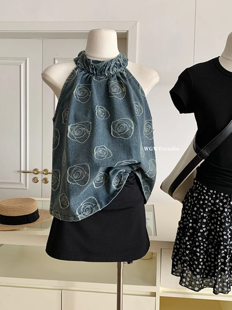 Summer Women Kpop Denim Tank Top 2000s Aesthetic Sleeveless Halter Coquette Gyaru Cute Core Korean Grunge Japanese Y2k Retro 240531