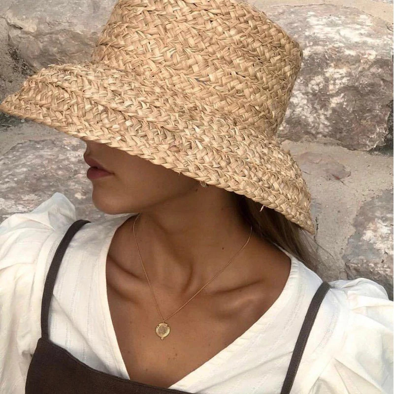 Fashion Women Wide Brim Raffia Hat Women Vacation Beach Hats Flat Top Straw Hat Summer Sun Hat Ladies UV Bucket Hat Wholesale 240530