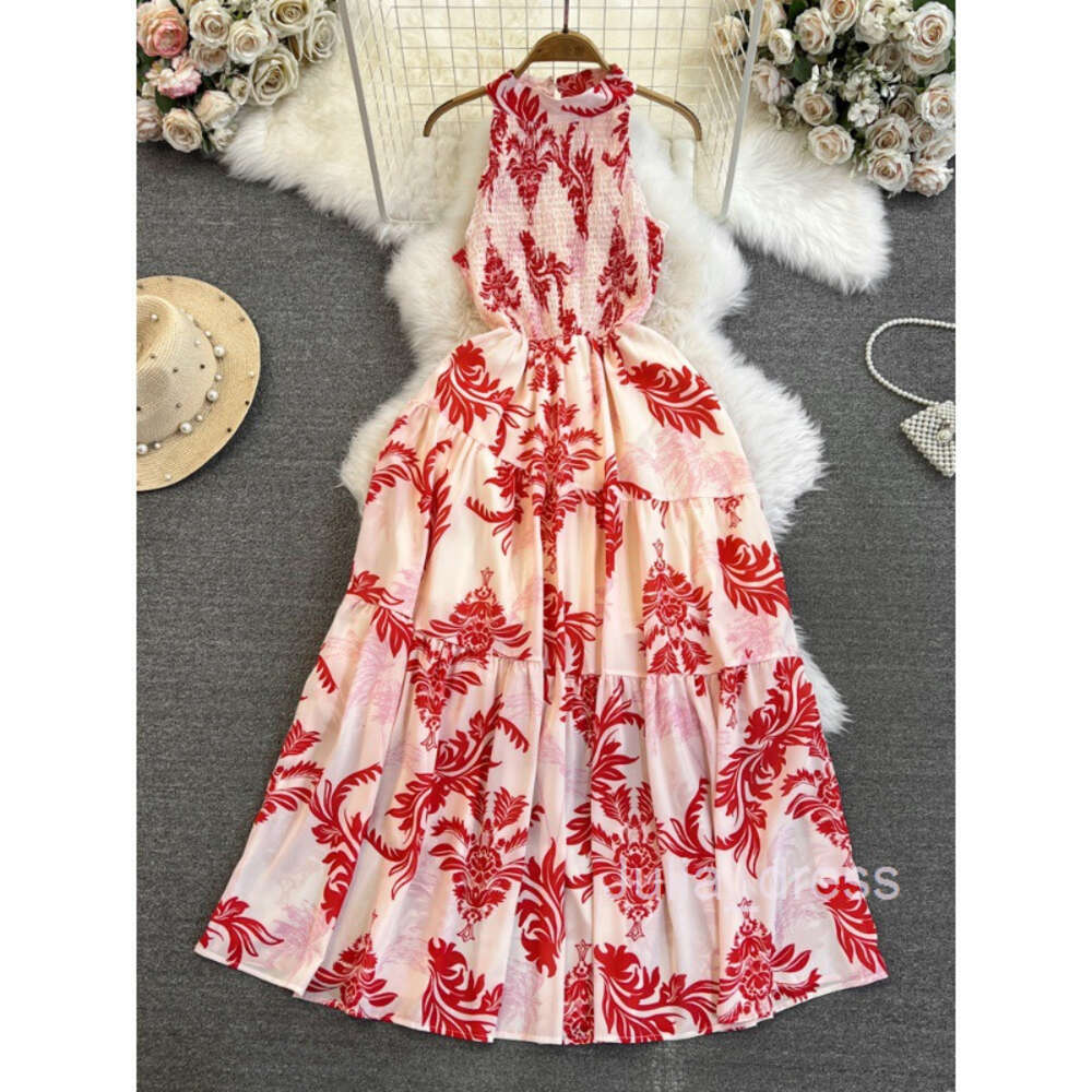 Beach Dress for Beach Vacation Fashionable Celebrity Elegant Style Hanging Neck Off Shoulder Waist Mid length A-line Printed Dress for Women