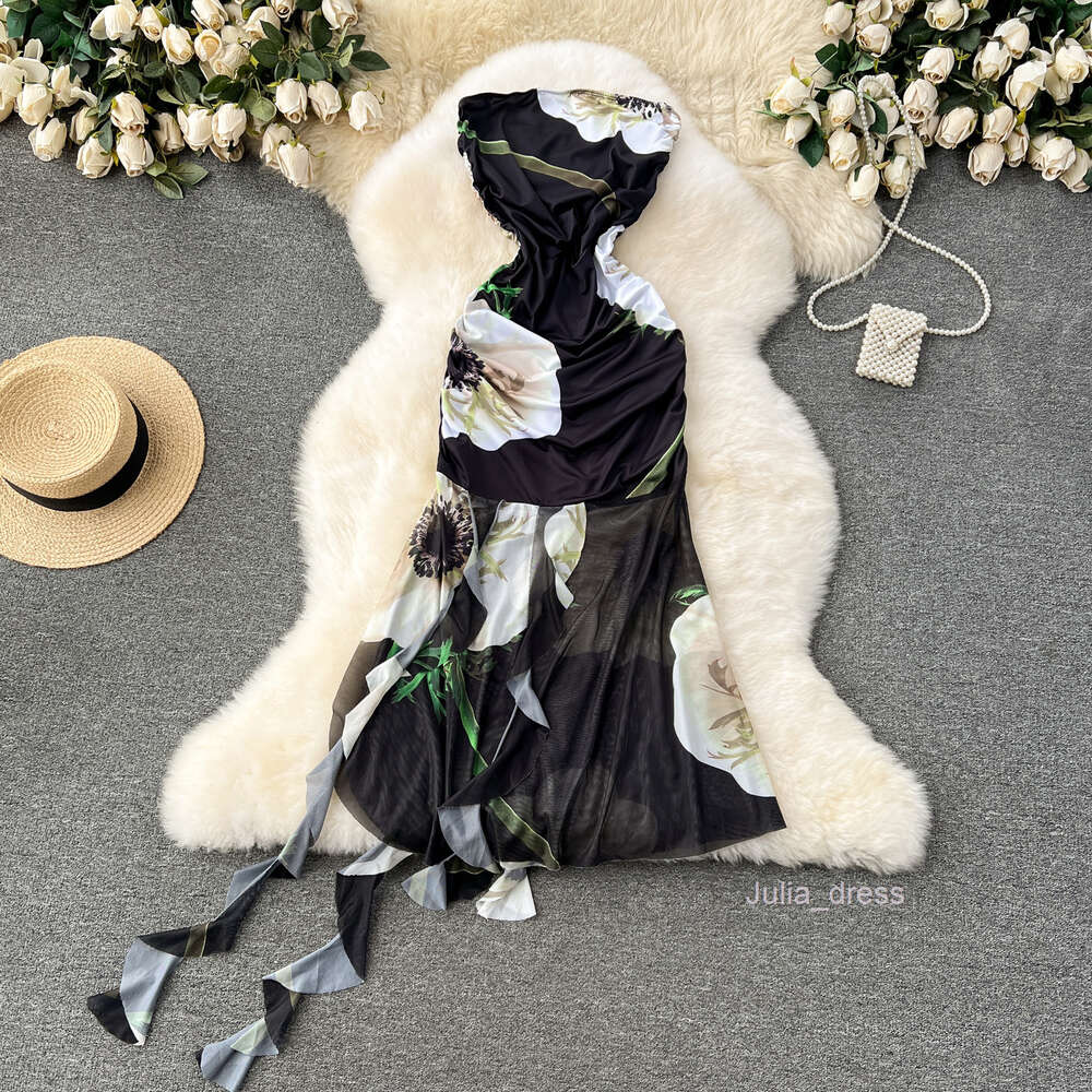 High end dress for women with design sense irregular print slim fit mid length sexy strapless dress