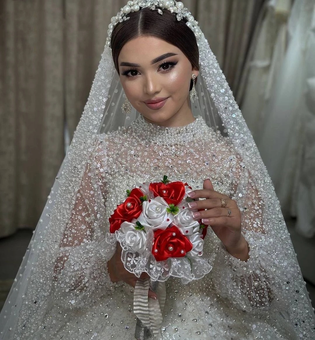 Gorgeous Crystal Wedding Dresses Pearls Bridal Ball Gowns High Neck Sequins Rhie Long Sleeve Custom Made Bride Vestido De Novia 0218